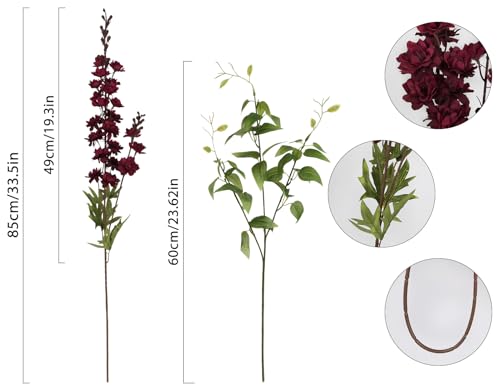 IPOPU Dark Red Flowers Artificial Delphinium 9PCS Burgundy Larkspur Artificial Flowers with Clematis Greenery Burgundy Sil...