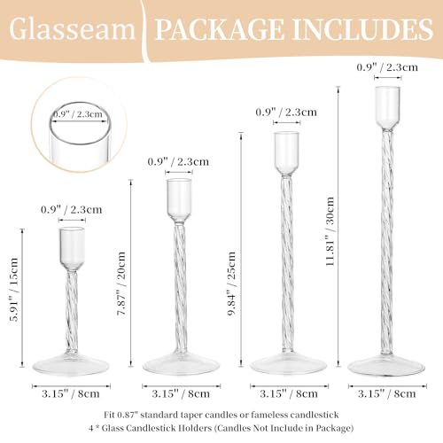 Glasseam Glass Candlestick Holders Clear: Taper Candle Holders Set of 4 Tall Candle Stick Candle Holder for Tapered Candle...