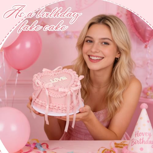 7 Inch Pink Bow Fake Cake, Heart Shaped Artificial Birthday Cake with Pearls and Love Word, Faux Bakery Display Cake Model...