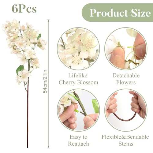 TOCHGREEN Artificial Cherry Blossom Branches 6PCS Fake Flowers Artificial Faux Silk Flowers Plum Tree Blossom Fake Plants ...