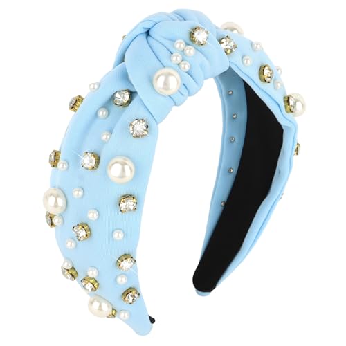 Brimekichio Blue Headband for Women Girls Pearl Knotted Headband Clear Rhinestone Head Band Light Blue Hair Accessories Women
