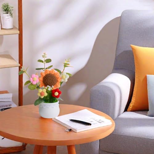 Crochet Flowers Artificial Sunflower Baby's Breath Knitted Eternal Potted Plants,Handmade Crocheted Puff Flowers Potted,Ha...