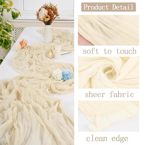 4 Pack Ivory Cheesecloth Table Runner 20 x 120 inch Gauze Table Runners 10 FT Long,Semi Sheer Cheese Cloth Fabric Table Ru...