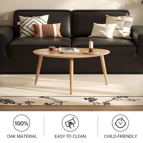 Wayshome Small Oval Coffee Table, 100% Solid Wood Coffee Tables Mid Century Modern Table for Living Room Side Table End Ta...