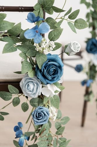 Ling's moment 8pcs Wedding Chair Decorations Aisle Pew Church Artificial Flowers Greenery Swags Dusty Blue & Navy Bench Ce...
