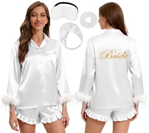 EPLAZA Bride Bridal Pajamas Set Women Bridesmaid Pajamas 2pcs Feather Trim Sleeve Silk Satin Pjs Set for Bridal Party Gifts