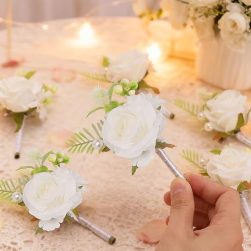 Flasunire 6-Pack White Silk Rose Boutonniere with Pearls for Groom and Groomsmen, Realistic Artificial Flower Lapel Pin fo...
