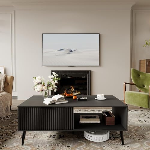 Modern Coffee Table with Storage, 2-Tier Wooden Cocktail Table, Mid Century Modern Coffee Tables with Wave-Style Sliding D...