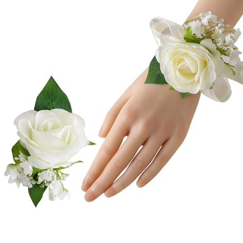 Meldel Wrist Corsage and Boutonniere Set(2pcs), Ivory White Artificial Silk Rose Pearls Bracelets Corsage for Bride, Groom...