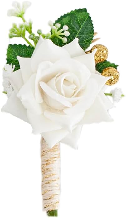 Yelinart 1 pc Ivory Rose Men Boutonniere for Wedding Groom Groomsmen Artificial Flowers Boutonniere for Prom Homecoming
