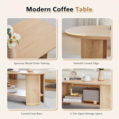 MAHYIZYI Oval Coffee Table for Living Room, 43.3” Farmhouse Coffee Tables with Storage, 2-Tier Wood Center Table with Stor...