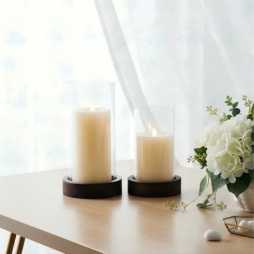 Ronasip Set of 2 Hurricane Candle Holders with Wood Base & Glass Cylinder (4.2x5.9” & 4.6x7.8”) – Rustic Wooden Candle Hol...