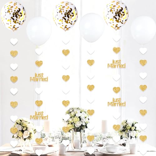 Blopee Gold Just Married Wedding Party Decorations Gold/White Heart Just Married Garland and Balloons for Wedding Bridal S...