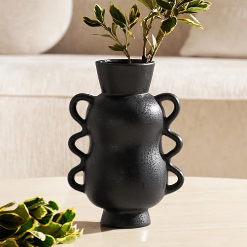 DN DECONATION Black Ceramic Vase Home Decor with Wave Handles, 10'' Tall Rustic Farmhouse Flower Vase for Table Centerpiec...