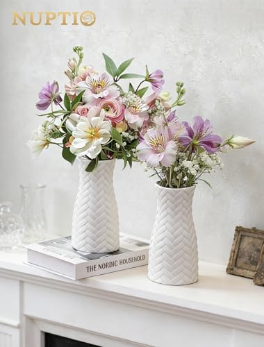 NUPTIO White Ceramic Flower Vase: 8.6" Tall Unglazed Pampas Grass Vases for Building Block Flowers - Modern Decorative Tab...