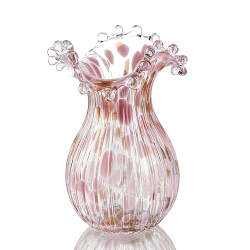 QFkris Handblown Glass Vase, Modern Art Flower Vase with Pink Petal Decorative for Home Decor, 8.5 inch Tall for Living Ro...