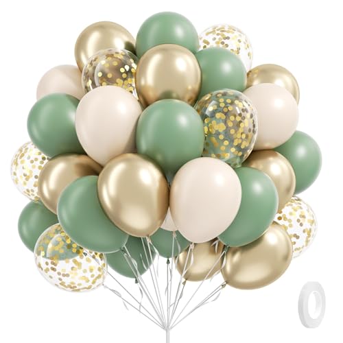 Sage green Balloons, 60pcs 12inch Sage green Sand White Metallic Gold Confetti Balloons for Boho Birthday Wedding Bridal B...