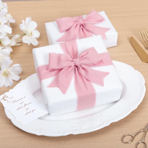 Keypan Pink Ribbon Set 1-1/2 Inch Handmade Cotton Frayed Fringe Fabric Ribbons for Baby Shower Crafts Flower Bouquets Wedd...