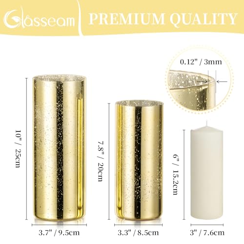 Glasseam Mercury Gold Candle Holders, Set of 6 Glass Hurricane Candle Holder, Glitter Pillar Candle Holder for Table, Mode...