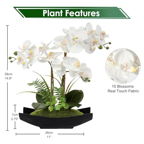 Briful Orchid Artificial Flowers 15in White Fake Orchid Silk Flowers with Black Pot Faux Phalaenopsis Arrangement for Home...
