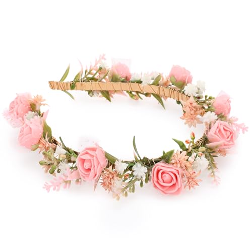 KorViSHOW Women's Pink Flower Headband - Girl Flower Headpiece Romantic Bohemian Lace Foam Headband for Wedding Decoration...