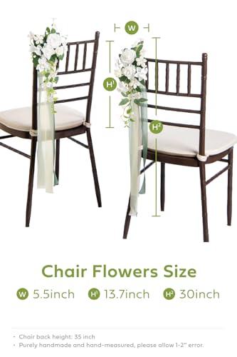 Ling's moment 8pcs Wedding Artificial Aisle Pew Flowers Chair Decorations White & Sage Green Arrangements with Chiffon Rib...
