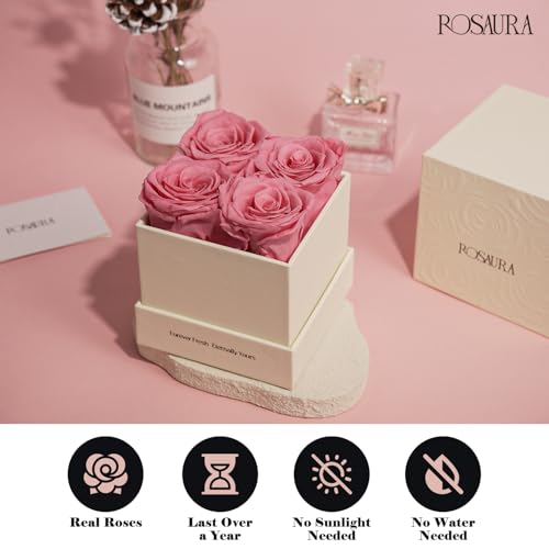Rosaura 4-Piece Eternal Preserved Roses & Flowers Gift Box - Forever Lasting Real Roses, Preserved Flowers for Christmas, ...