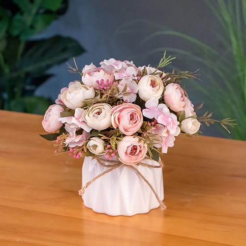 Hbluefat Fake Flowers in Vase, Small Artificial Silk Flowers with Ceramic Vase, Faux Flower Arrangement for Home Office, C...