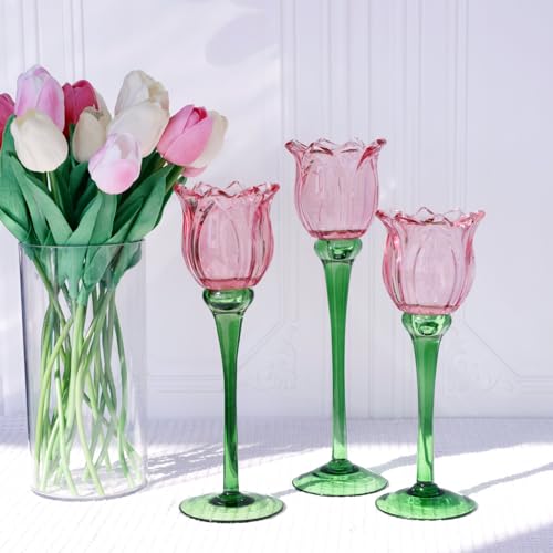 VOHO Pink Tulips Candle Holder, Romantic Pink Flower Votive Candle Holders for Wedding Bridal Shower Decorations, Tall Tea...