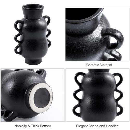 DN DECONATION Black Ceramic Vase Home Decor with Wave Handles, 10'' Tall Rustic Farmhouse Flower Vase for Table Centerpiec...