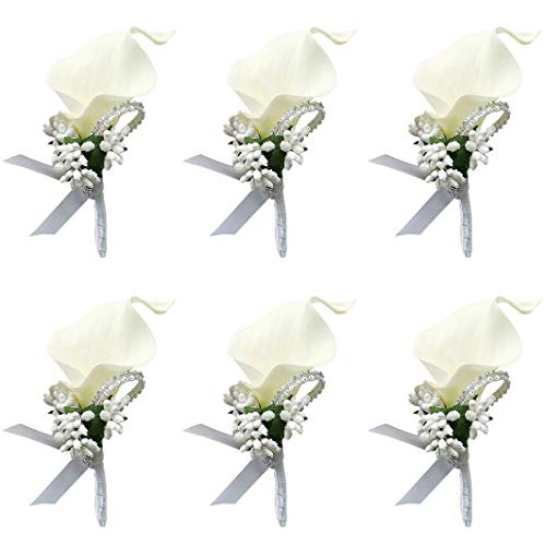 ChezMax Calla Lily White Boutonniere Handmade Silk Flower with Ribbon Corsage for Bride Groom Wedding Party 6 Packs