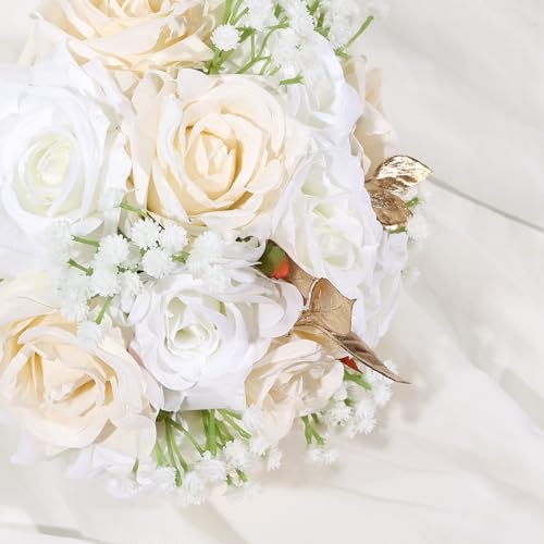 Qeedy Wedding Bouquets for Bride - Realistic Silk Flowers Artificial Roses, 9 Inch Bridesmaid Bouquet for Ceremony, Churc...