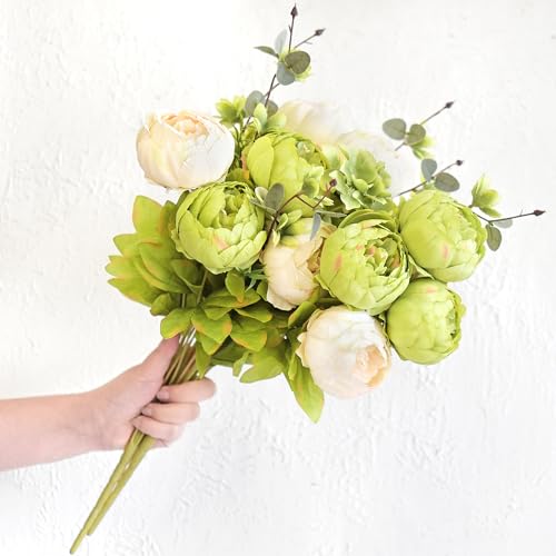 FiveSeasonStuff Artificial Peony Bouquets, 2 Cream Beige & Moss Green Silk Flower Bundles for Wedding Centerpieces & Home ...