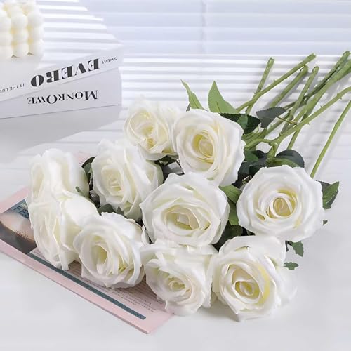 Rowfad 60 Pcs Artificial Roses Bulk Velvet Silk White Roses White Roses for Wedding Centerpieces Bridal Bouquet Mohter's D...