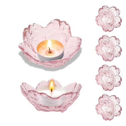 Glass Votive Candle Holders,Glass Seasoning Dishes,Cherry-Blossom Tea Bag Holders,Pink Flower Snack Dip Bowls,Set of 6 Tea...