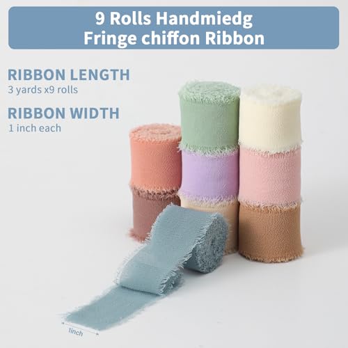1" x 27 Yd Chiffon Ribbon Mixed Color Ribbons Set 9 Rolls Handmade Fringe Fabric for Wedding Invitations Bridal Bouquets D...