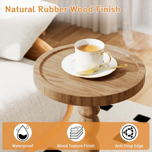 iFaveorr Small Side Table, Rubberwood‌ Drink Table for Small Spaces, Solid Wood Pedestal Coffee Tables, Round End Tables f...