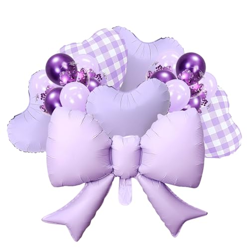 22 Inch Bow Balloons,Heart Balloons,Purple Gingham Party Supplies for Birthday,Valentine's Day, Baby Shower Decorations