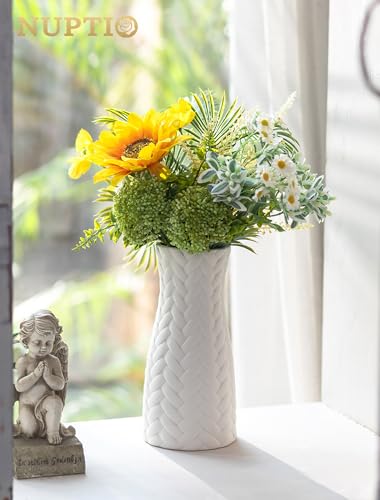 NUPTIO White Ceramic Flower Vase: 8.6" Tall Unglazed Pampas Grass Vases for Building Block Flowers - Modern Decorative Tab...