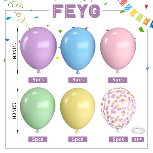 Pastel Balloons,12 Inch Macaron Pink Blue Purple Green Yellow Colorful Confetti Balloons with Ribbon,for Birthday Baby Sho...