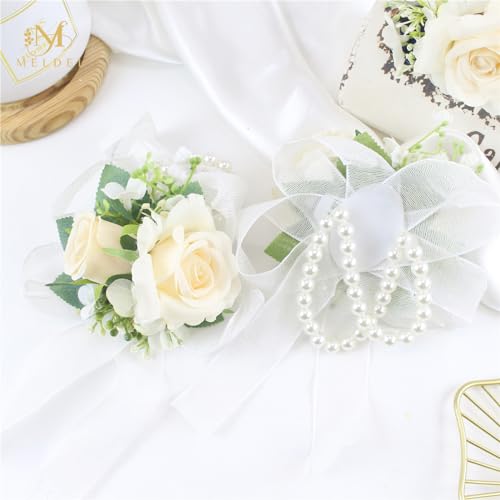 Meldel Champagne Wrist Corsage for Bride Bridesmaid Wedding,Set of 6, Romantic Artificial Rose Pearls Wristband Wrist Flow...