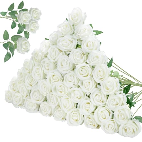 InnoGear 50 Pcs White Roses Artificial Flowers, Fake Velvet Silk Rose Bulk Faux Flower for Decoration DIY Wedding Centerpi...