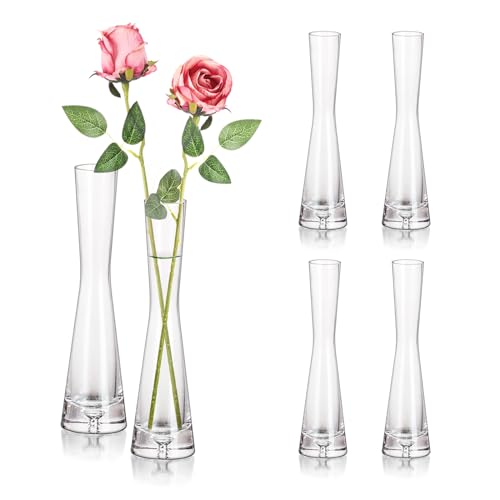 Hewory Glass Bud Vases for Centerpieces Set of 6, Handmade Modern Clear Small Skinny Decorative Single Flower Vase, Minima...