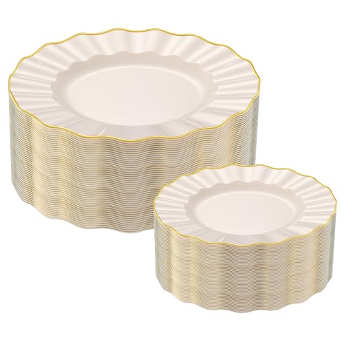ISFANGCO 102Pcs Ivory White Plastic Plates with Gold Trim, Heavy Duty Wedding Plates, Elegant Disposable Plate Sets includ...