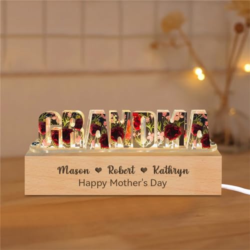 Smallduuck Personalized Grandma Resin Flower Lamp Custom Resin Letter Lights with 1-15 Name Epoxy Resin Night Light Dry Fl...