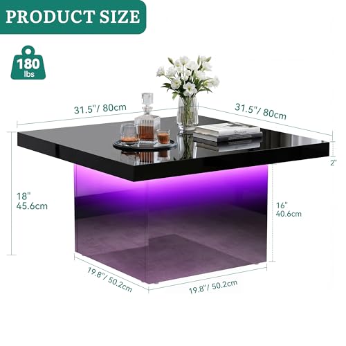 YITAHOME Square Coffee Table, Coffee Tables for Living Room with LED Lights, Modern Cocktail Coffee Table for Decor, Black