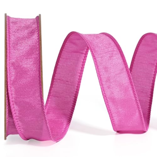LaRibbons Hot Pink Ribbon Wired 1 Inch x 10 Yards Dupioni Spring Valentine's Day Ribbon with Wired Edge for Gift Wrapping,...