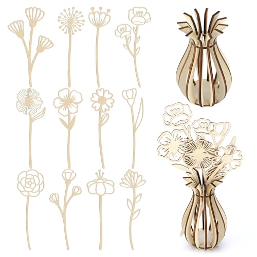Thyle 13 Pcs Wooden Wildflower Flower Vase Laser Cut DIY Crafts Wooden Flowers Jigsaw Vase for Memorial Home Decoration Bi...