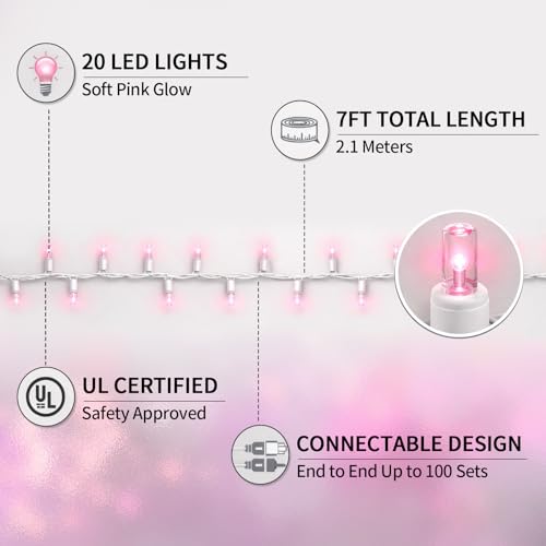 Boltigen Pink Slow Twinkling Christmas Lights, 20 LED Mini String Light, 7ft UL Certified Waterproof Connectable for Indoo...
