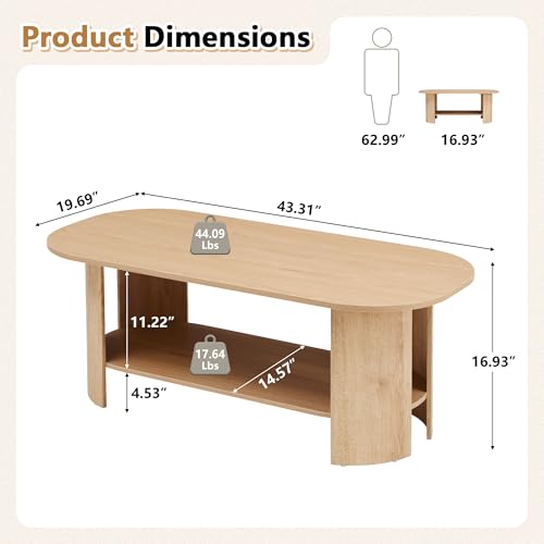 MAHYIZYI Oval Coffee Table for Living Room, 43.3” Farmhouse Coffee Tables with Storage, 2-Tier Wood Center Table with Stor...